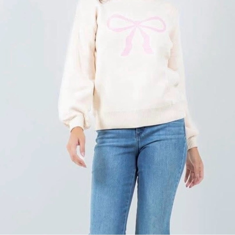 Women's Cream Sweater with Pink Bow